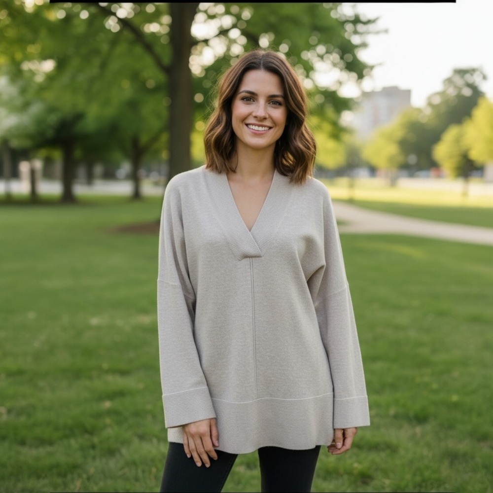 Cyrus V-neck Long Sleeve Sweater in Taupe Size Medium